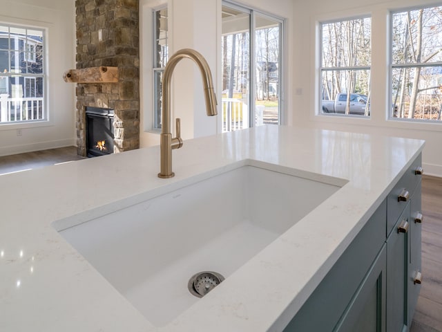 details featuring hardwood / wood-style floors, a stone fireplace, and sink