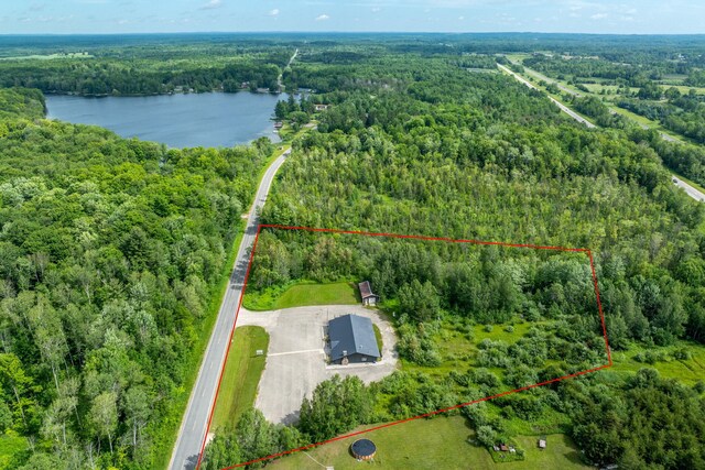 18564 200th, Tustin, MI 49688 - aerial view of property and surrounding area with a heavily wooded area, property boundaries highlighted, and a large body of water