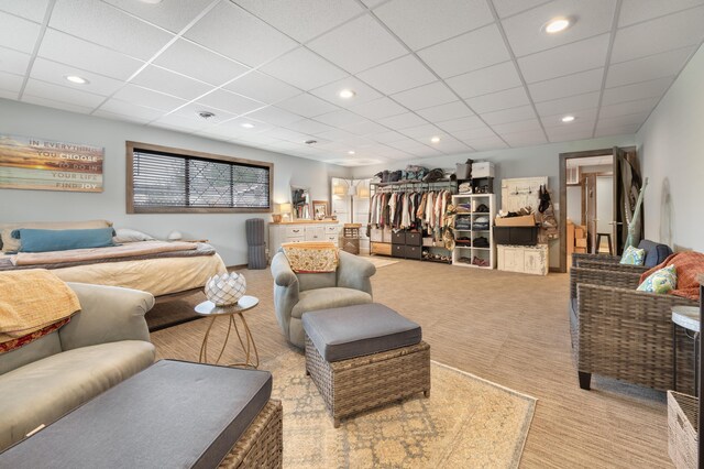18564 200th, Tustin, MI 49688 - living area featuring carpet floors, a paneled ceiling, and recessed lighting