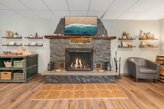 18564 200th, Tustin, MI 49688 - living room featuring wood finished floors, a paneled ceiling, and a stone fireplace