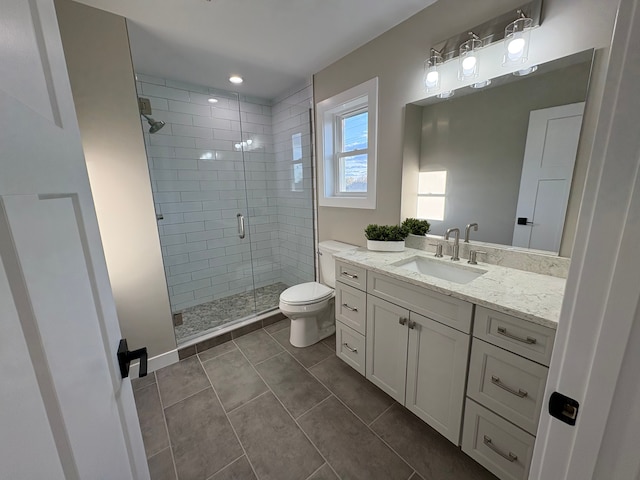 1473 Mallard Cir, Owosso, MI 48867 - bathroom featuring vanity, toilet, a shower stall, and tile patterned flooring