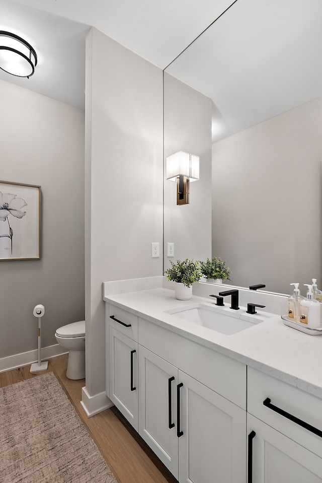 bathroom with wood-type flooring, vanity, and toilet