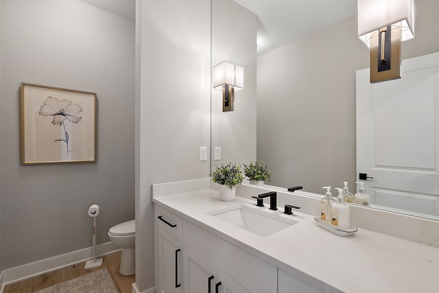 bathroom with vanity, toilet, and wood-type flooring