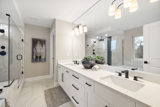 bathroom featuring vanity and walk in shower