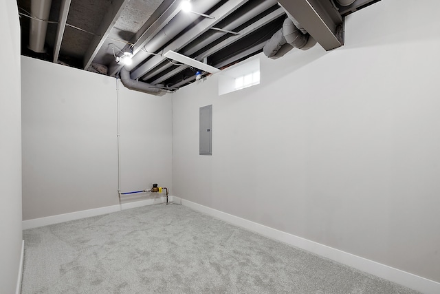 basement with electric panel and carpet floors