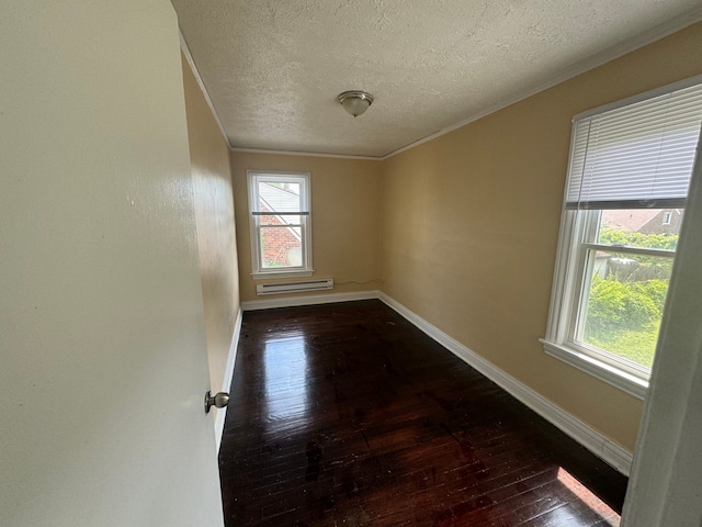 unfurnished room featuring crown molding, dark hardwood / wood-style flooring, and a textured ceiling