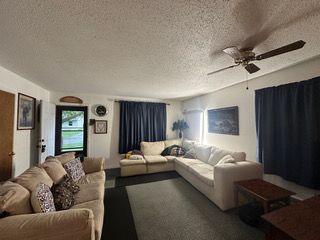 living room featuring ceiling fan, carpet floors, and a textured ceiling