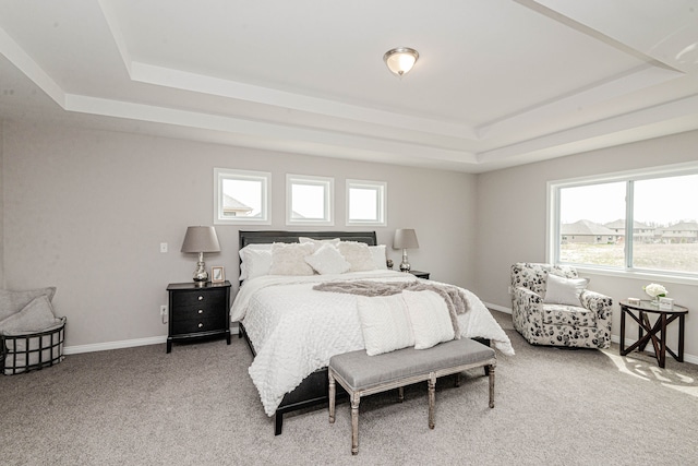 bedroom with carpet, a raised ceiling, and multiple windows