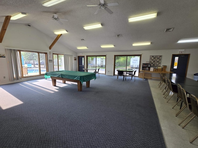 831 S Main St, Au Gres, MI 48703 - playroom featuring carpet flooring, a textured ceiling, vaulted ceiling, billiards table, and a ceiling fan