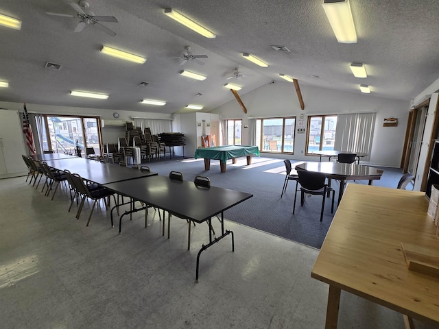 831 S Main St, Au Gres, MI 48703 - rec room with healthy amount of natural light, a ceiling fan, vaulted ceiling, billiards table, and a textured ceiling