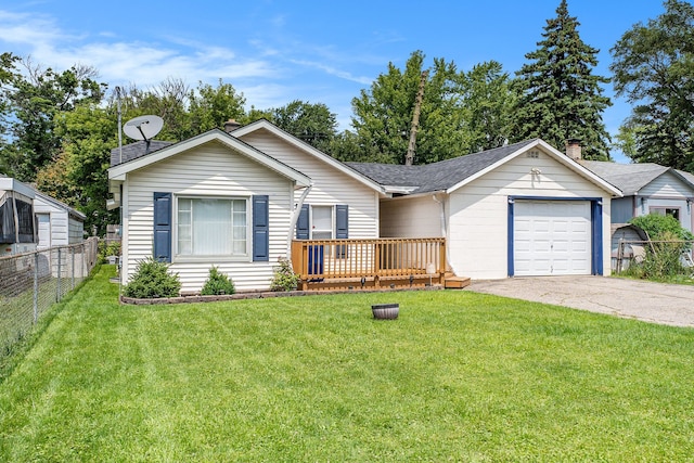 ranch-style home featuring a garage, a wooden deck, and a front lawn