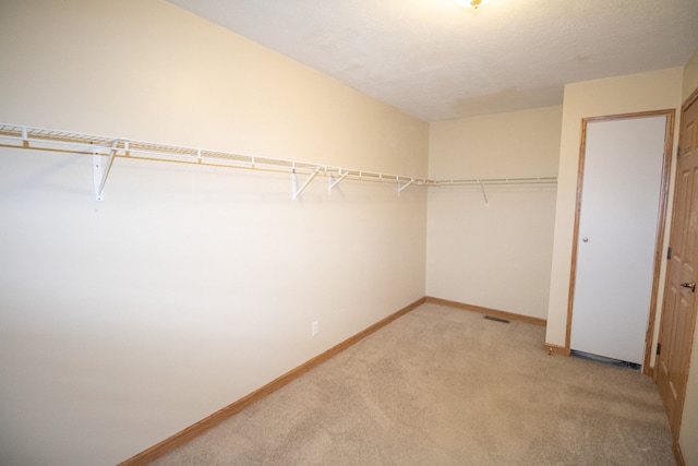 walk in closet with light carpet