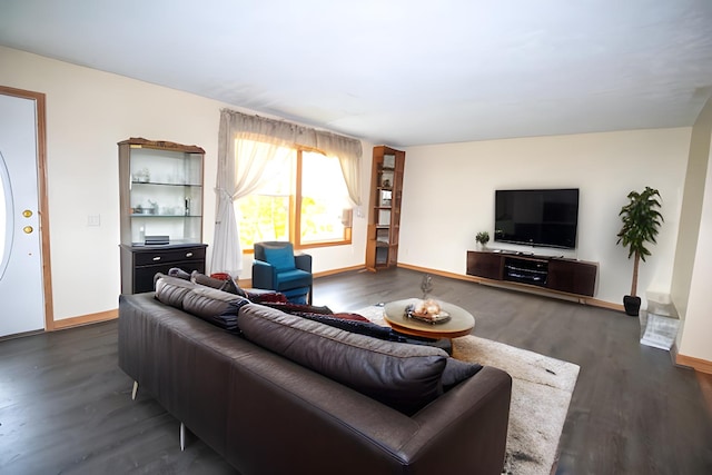 living room featuring dark wood-type flooring