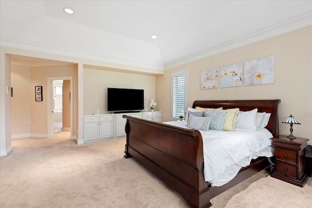 carpeted bedroom featuring connected bathroom and crown molding