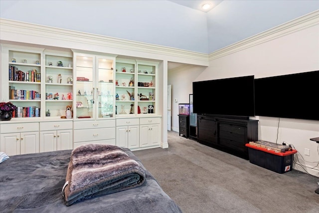 bedroom featuring crown molding and light colored carpet