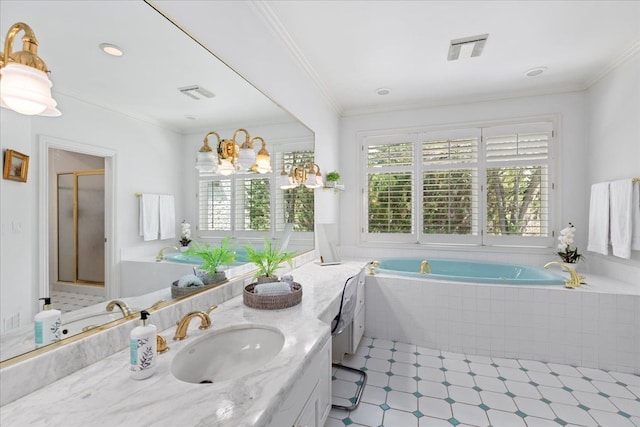 bathroom with plenty of natural light, separate shower and tub, ornamental molding, and a chandelier