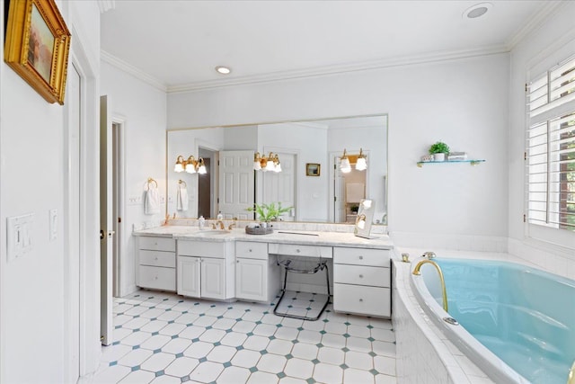 bathroom with vanity, tiled bath, an inviting chandelier, and ornamental molding