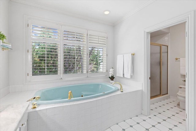 bathroom with plus walk in shower, toilet, and crown molding