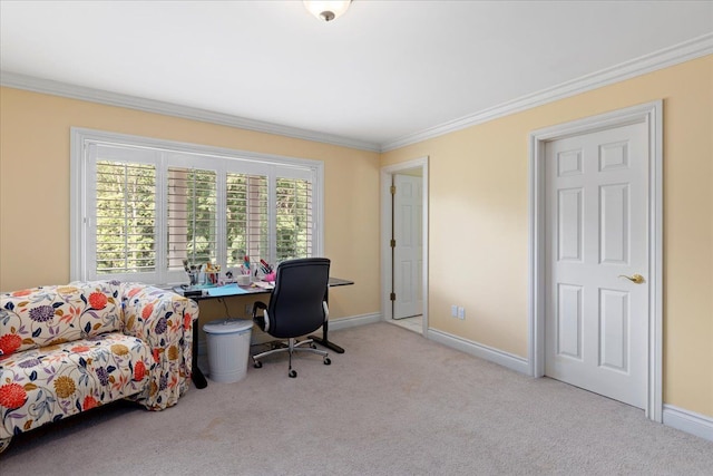 office space featuring ornamental molding and light carpet