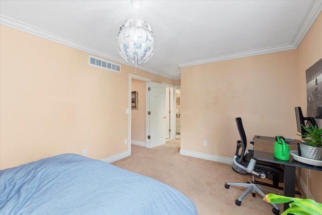 bedroom featuring light carpet, a chandelier, and crown molding