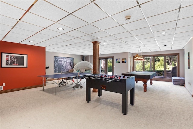 playroom featuring a paneled ceiling, carpet, ornate columns, and pool table