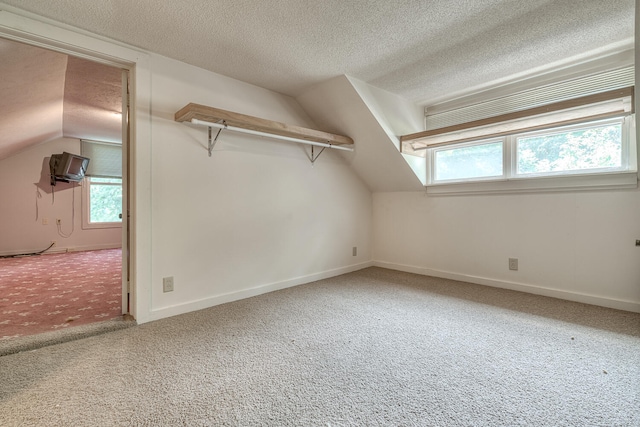 additional living space with carpet flooring, lofted ceiling, and a textured ceiling