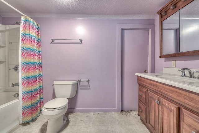 full bathroom featuring shower / bath combo with shower curtain, vanity, a textured ceiling, and toilet