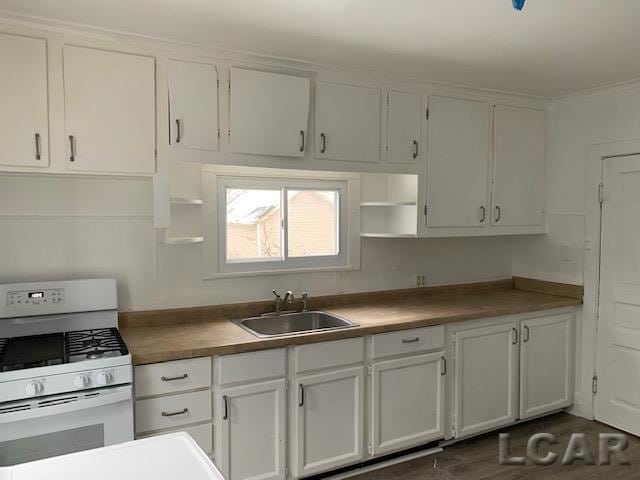 kitchen featuring dark hardwood / wood-style flooring, white cabinetry, white gas stove, and sink