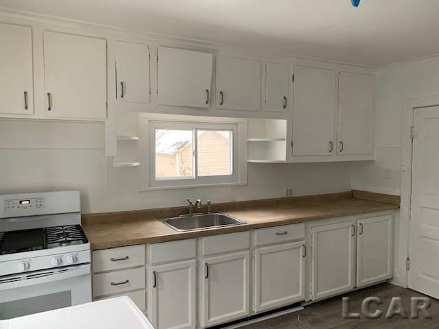 551 Tabor St, Adrian, MI 49221 - kitchen with a sink, white range with gas stovetop, open shelves, and white cabinets