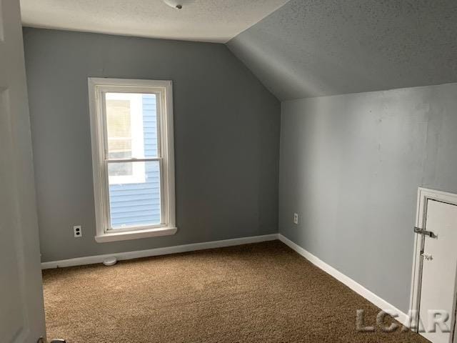 551 Tabor St, Adrian, MI 49221 - bonus room featuring a textured ceiling, dark carpet, vaulted ceiling, and baseboards