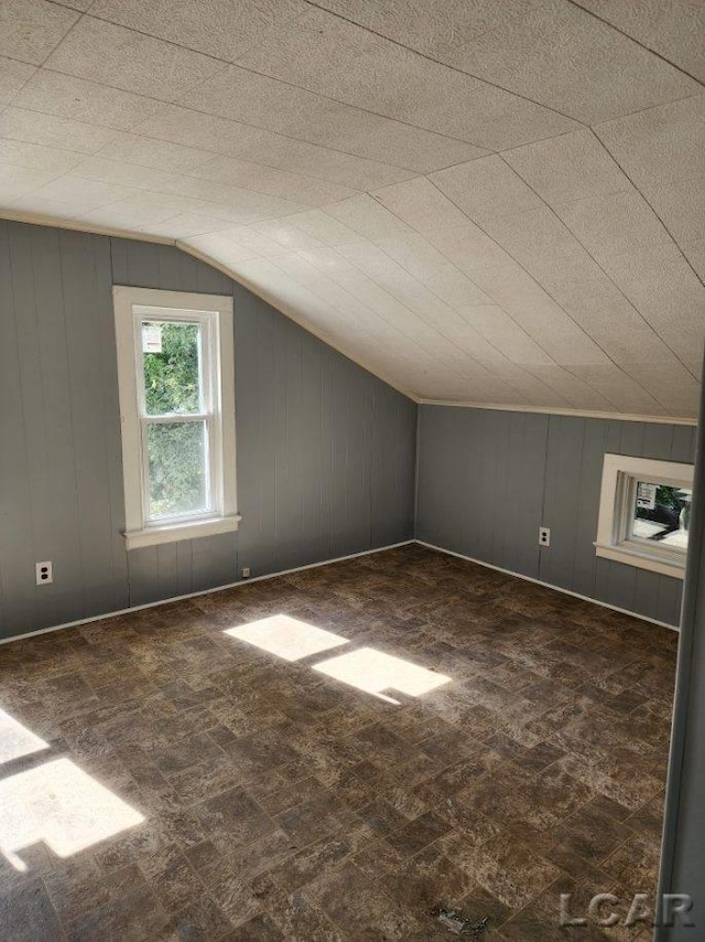 bonus room featuring lofted ceiling and wooden walls