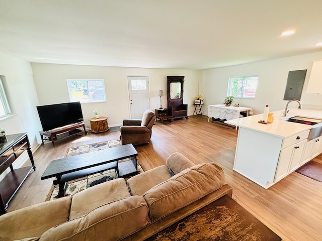 living room with electric panel, sink, and light hardwood / wood-style floors