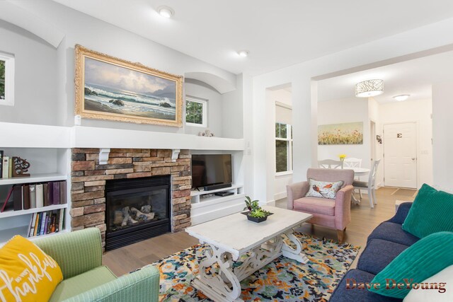 living room with a stone fireplace, plenty of natural light, and light wood-type flooring