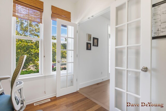 entryway with wood-type flooring, french doors, and a healthy amount of sunlight