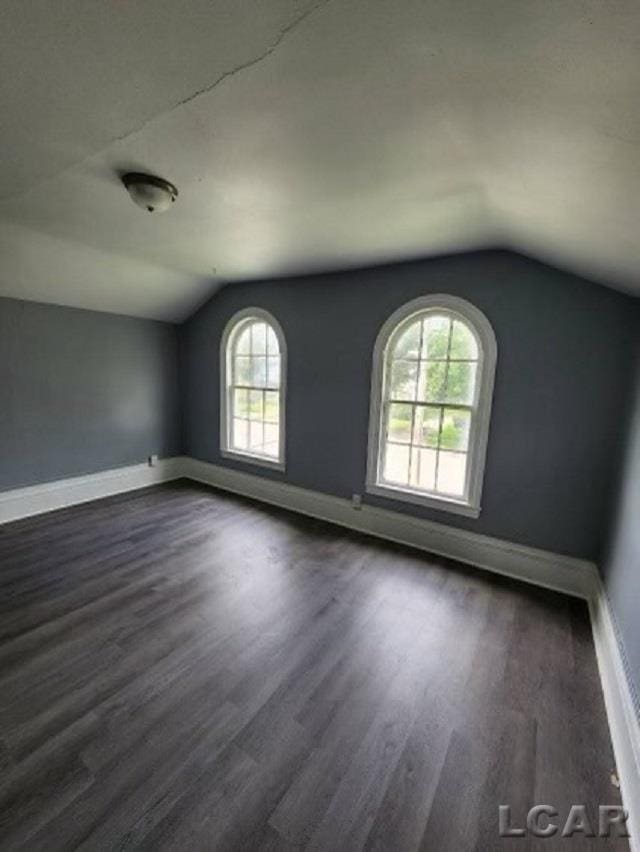 spare room featuring dark hardwood / wood-style floors, vaulted ceiling, and plenty of natural light