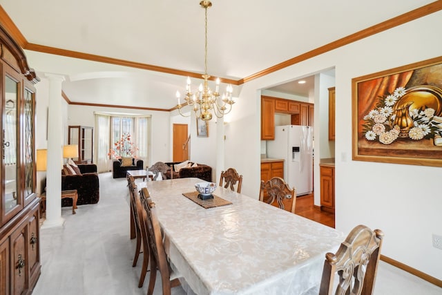 carpeted dining space with crown molding, ornate columns, and a chandelier