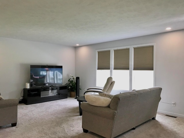 living room with light colored carpet