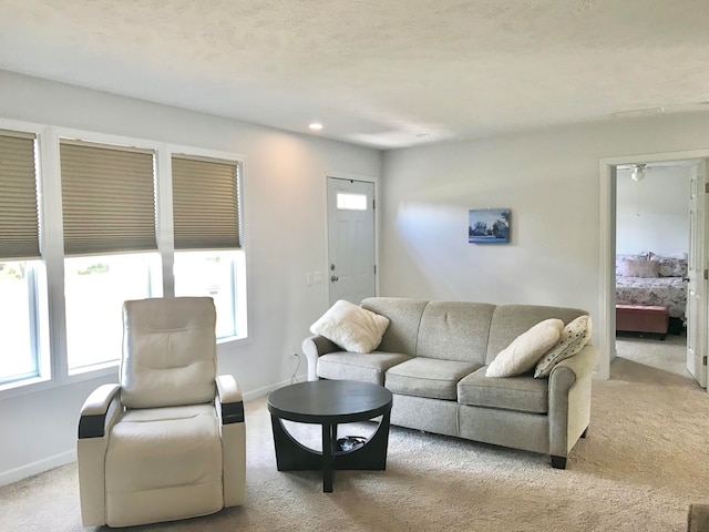 carpeted living room with a textured ceiling