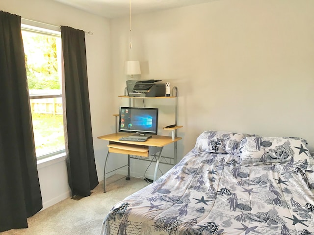 bedroom with light colored carpet