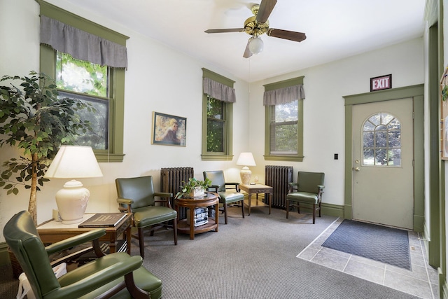 801 Portage Ave, Three Rivers, MI 49093 - sitting room featuring radiator, a ceiling fan, and carpet flooring