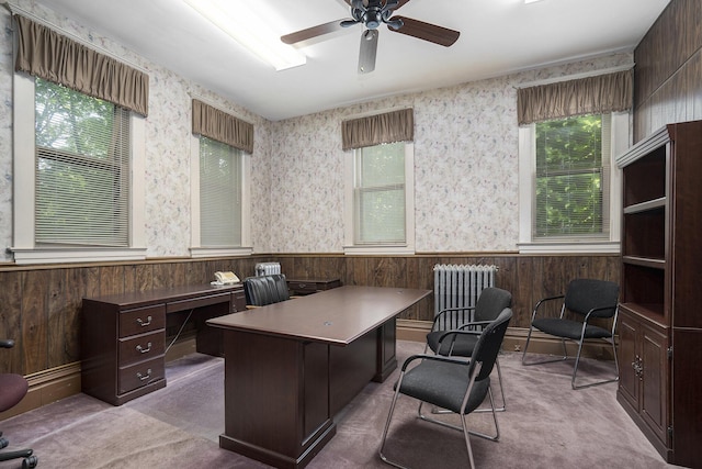 801 Portage Ave, Three Rivers, MI 49093 - carpeted office with radiator heating unit, wainscoting, wood walls, healthy amount of natural light, and a ceiling fan