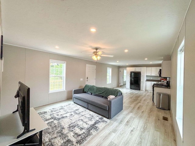 living room with ceiling fan, light hardwood / wood-style floors, crown molding, and a textured ceiling