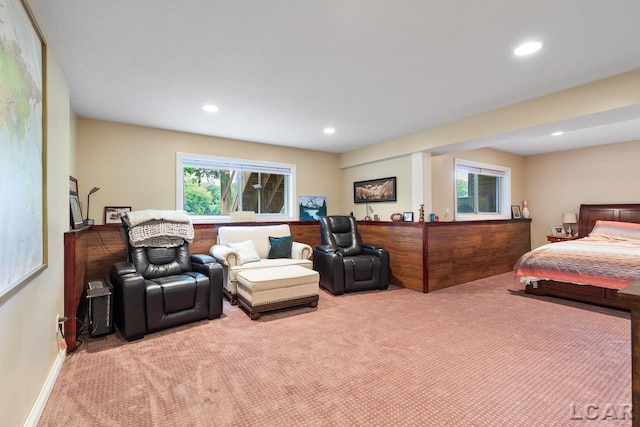 bedroom featuring light colored carpet