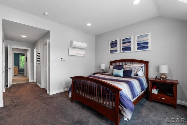 bedroom with dark colored carpet, lofted ceiling, and a wall mounted AC