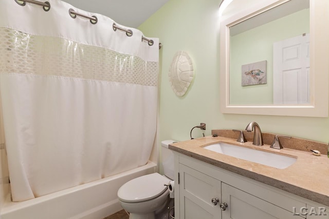 full bathroom with vanity, toilet, and shower / bathtub combination with curtain