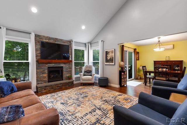 living room featuring a stone fireplace, dark wood-type flooring, and high vaulted ceiling