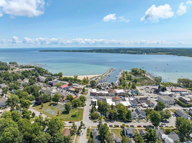 drone / aerial view featuring a water view