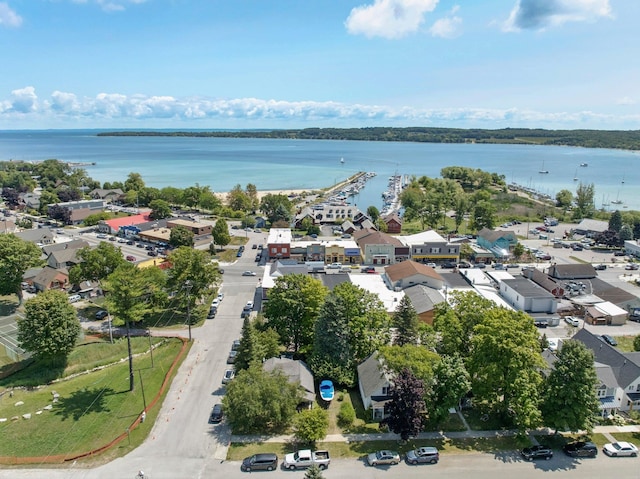 drone / aerial view with a water view