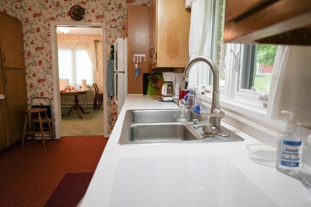 3447 200th Ave, Reed City, MI 49677 - kitchen with wallpapered walls, healthy amount of natural light, a sink, light countertops, and brown cabinets