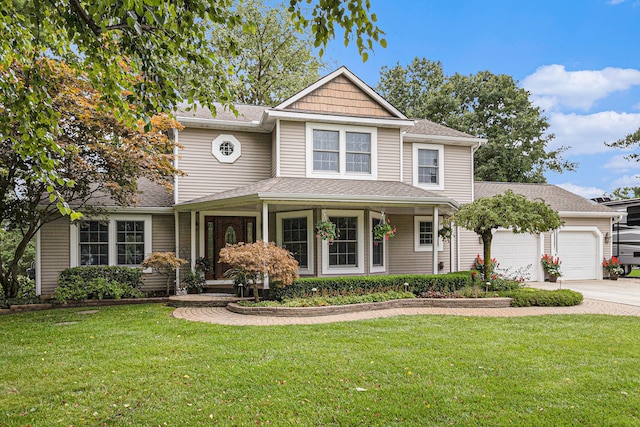 view of front of property featuring a front yard and a garage